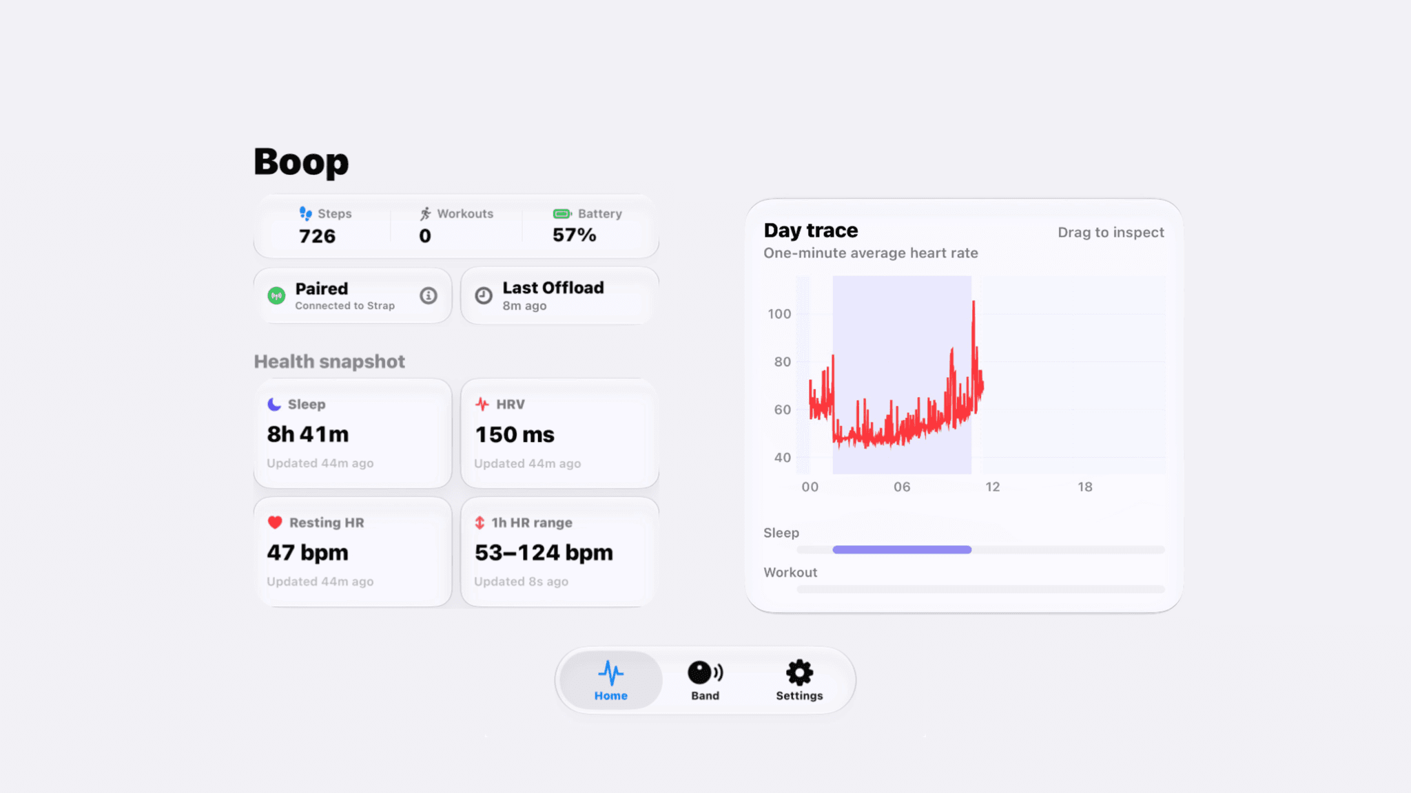 Boop Home screen showing local recovery and strain metrics on iPhone