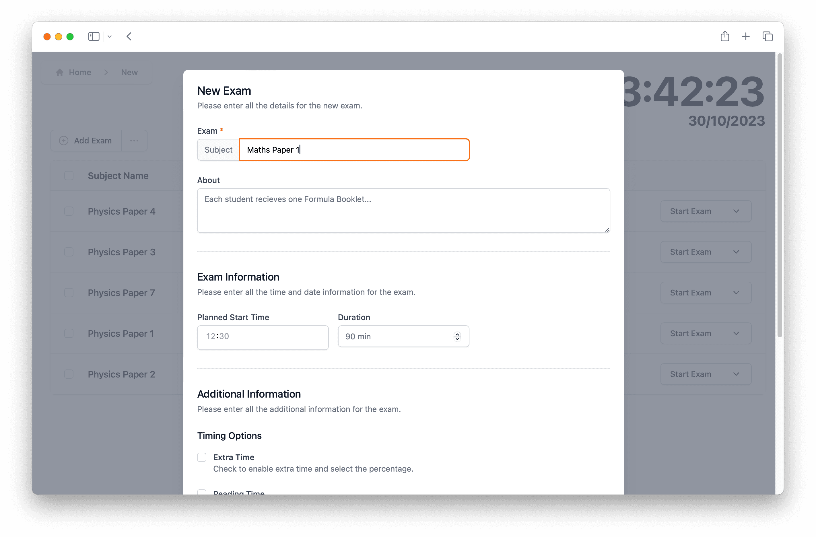 Create exam modal