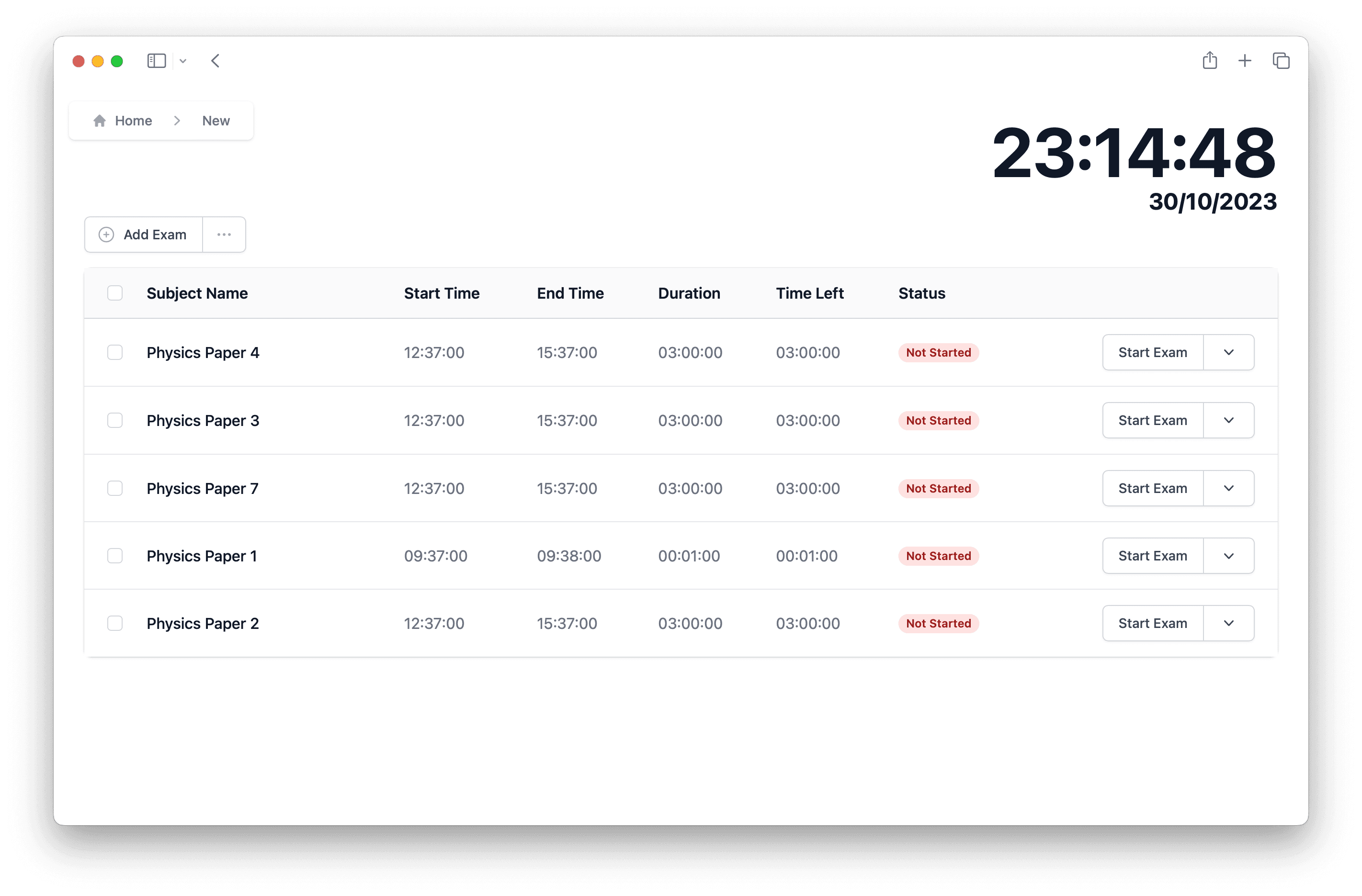 Exam list & start controls