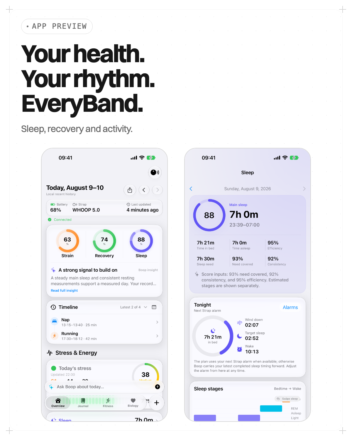 EveryBand: Your health. Your rhythm. Original Overview and Sleep app previews on white.